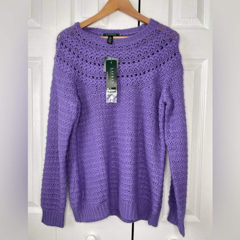 NWT LAUREN RALPH LAUREN Crochet Knit Sweater XL Pullover‎ Purple Alpaca Blend